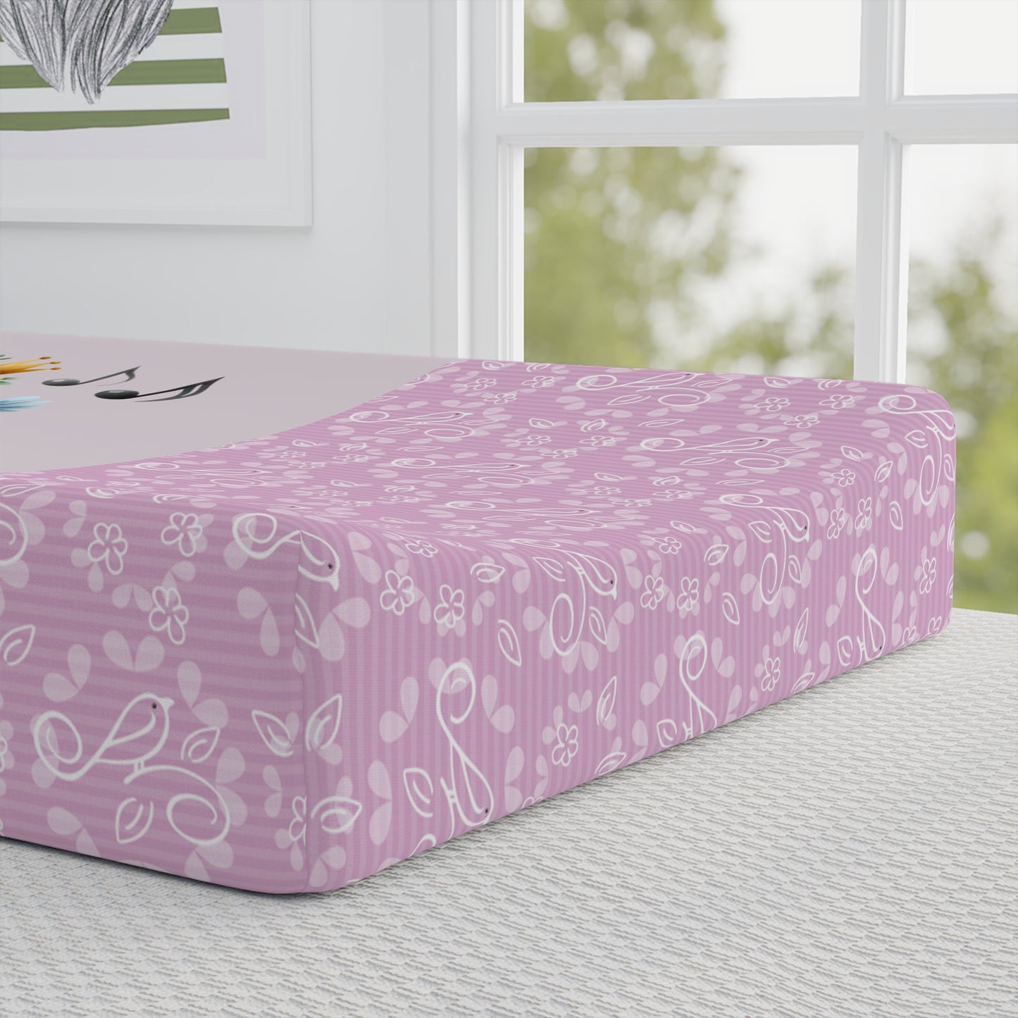 Personalized Baby Changing Pad Cover — Pink Floral with Cute Blue Bird Name (e.g., Natalia)