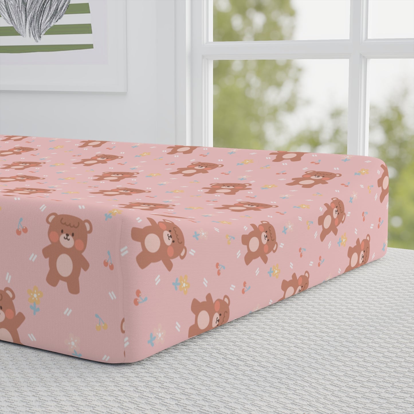 Baby Changing Pad Cover – Pink Teddy Bear Pattern with Personalized Name