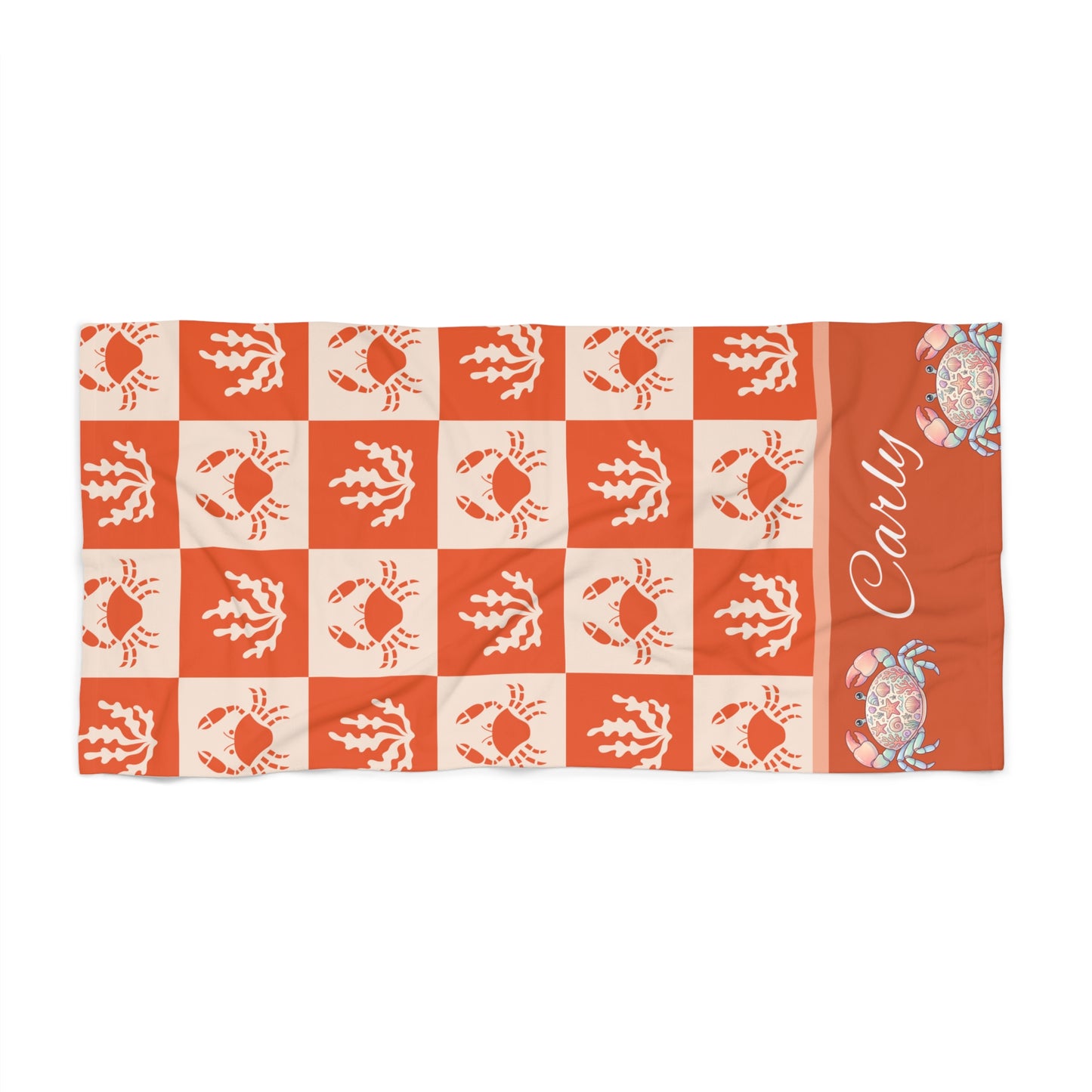 Personalized Coastal Crab Beach Towel — Nautical Orange Plaid Design