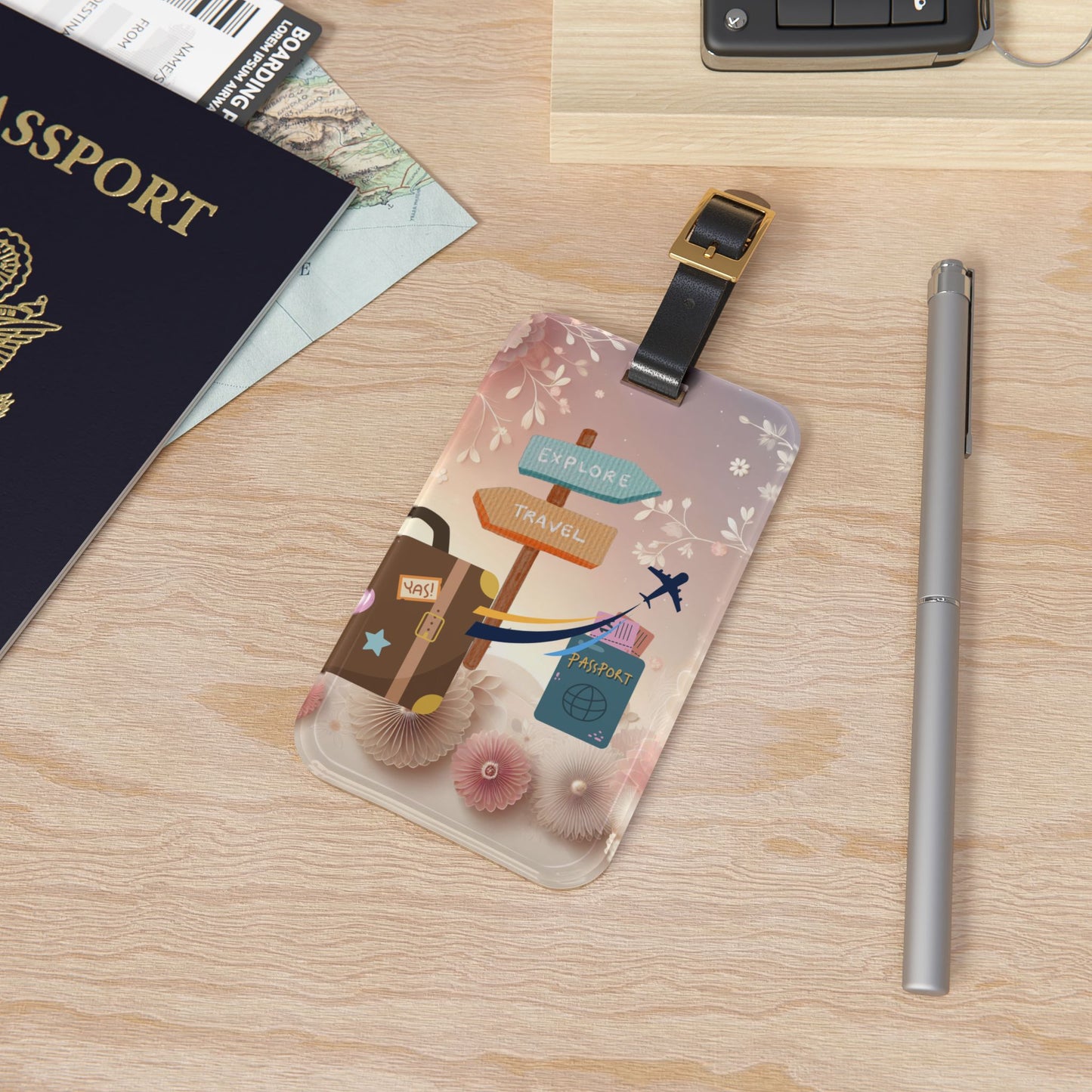 Travel Luggage Tag — 'Explore Travel' Suitcase & Passport Design