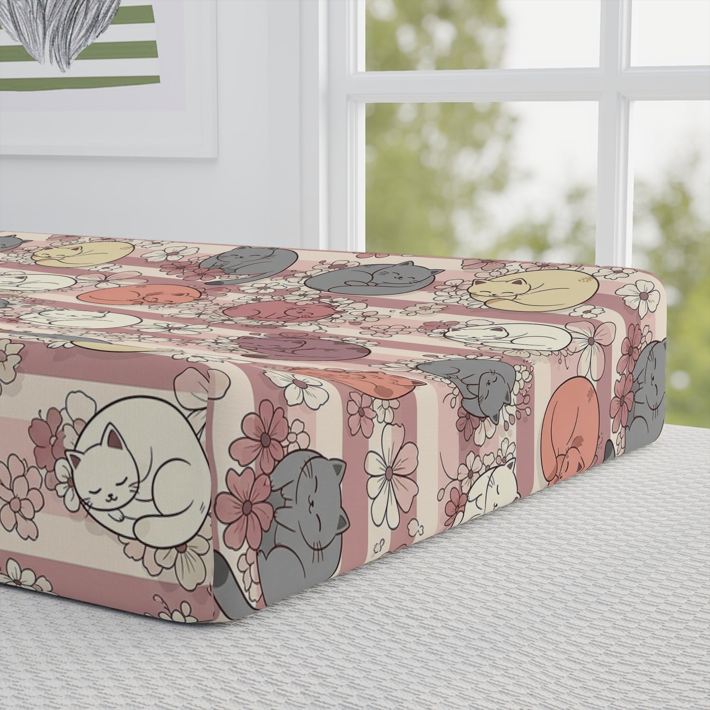 Personalized Cat Baby Changing Pad Cover – Floral Sleeping Kittens, Custom Name Option