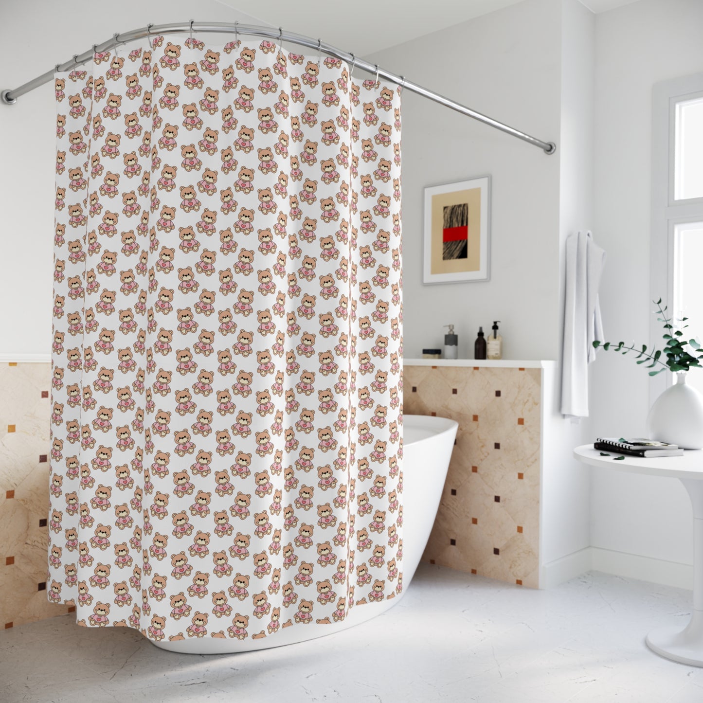 Cute Pink Teddy Bear Pattern Shower Curtain — Playful Nursery Bathroom Décor
