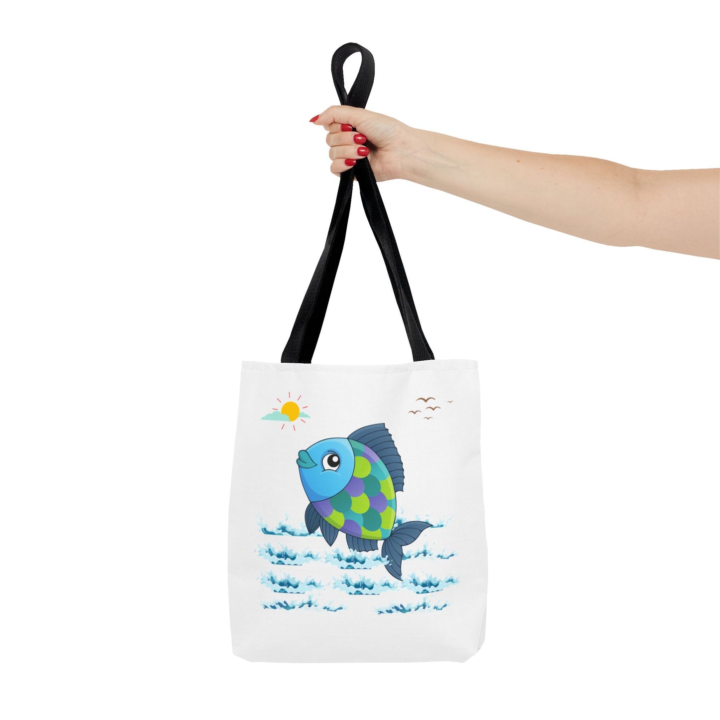 Fish with a sun and birds in the sky above water Tote Bag