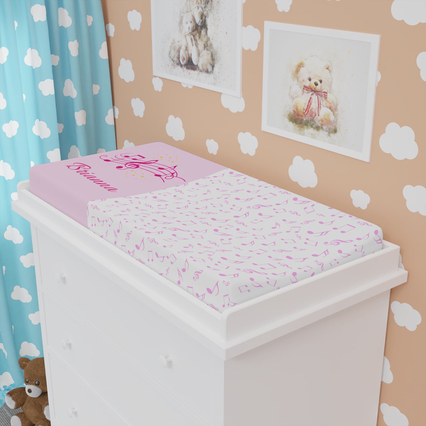 Personalized Pink Musical Notes Baby Changing Pad Cover — Custom Name