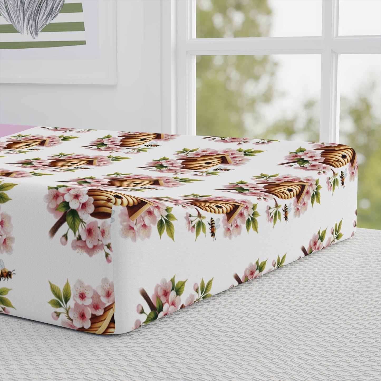 Bee & Birdhouse Baby Changing Pad Cover — Personalized Floral Nursery Accessory