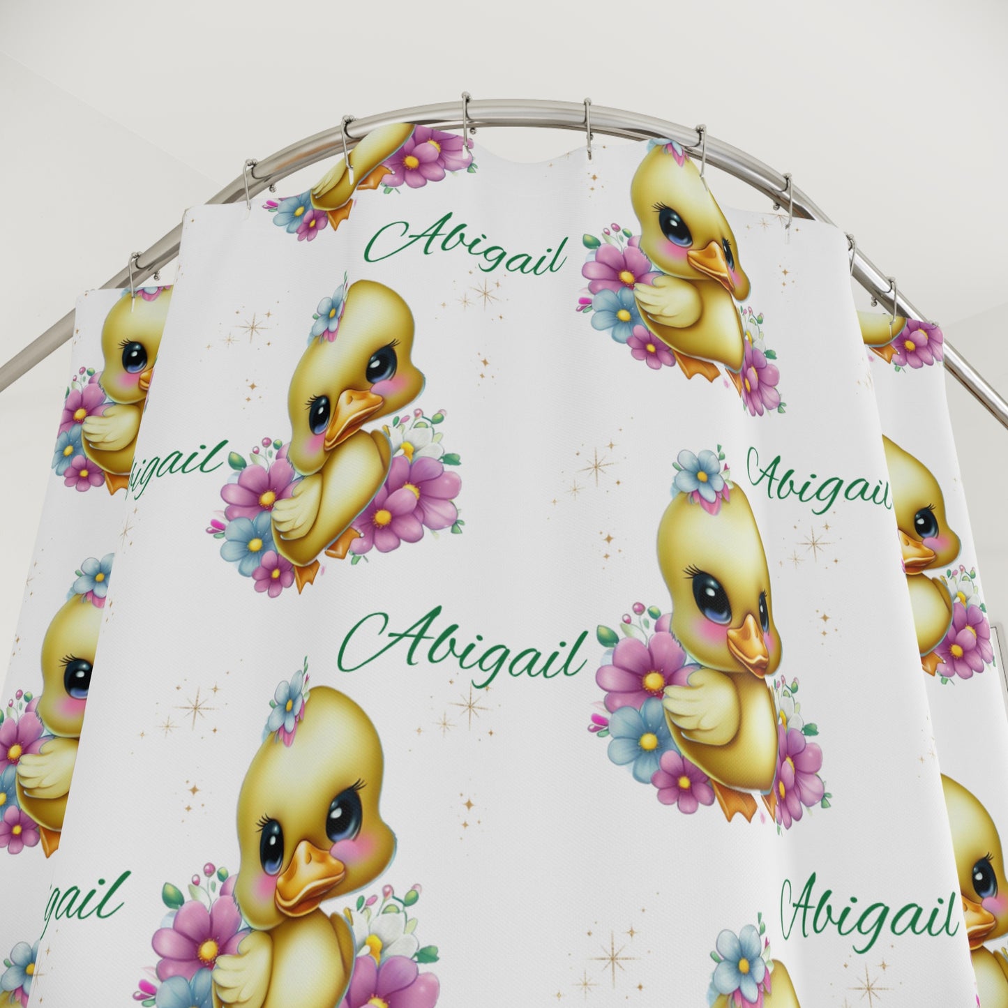 Personalized Baby Duck Shower Curtain — Custom Name ‘Abigail’ Nursery Decor