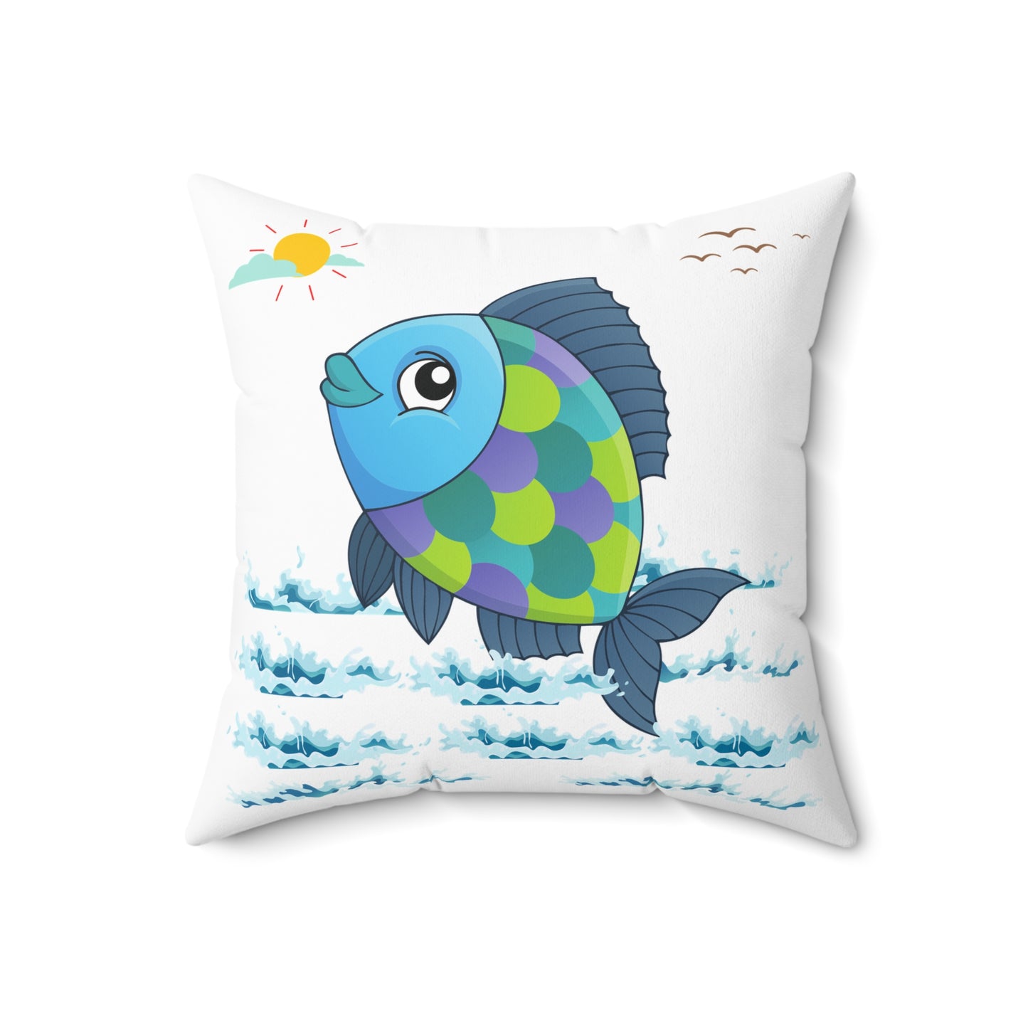 Fish with a sun and birds in the sky above water Spun Polyester Square Pillow