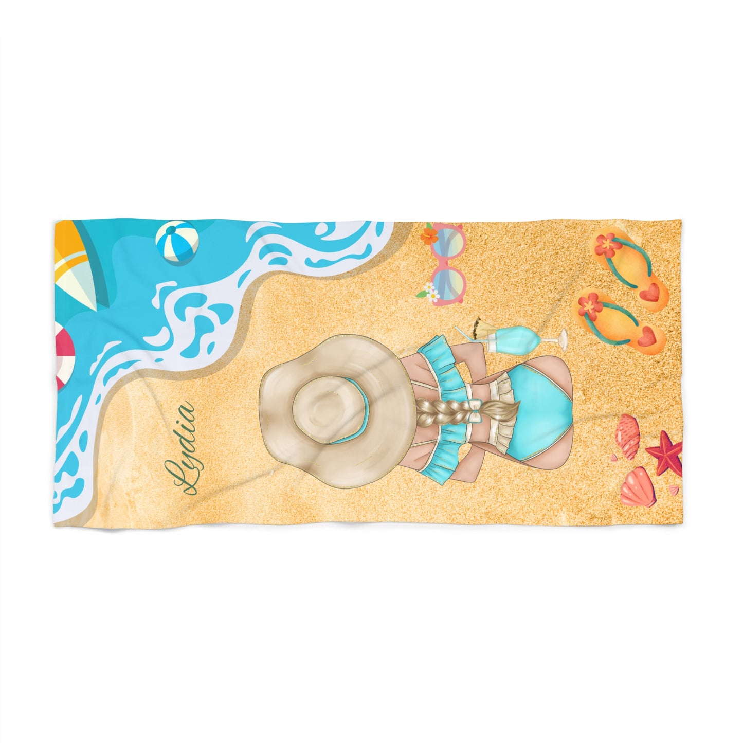 Personalized Beach Towel – Woman in Sun Hat Design (Custom Name)