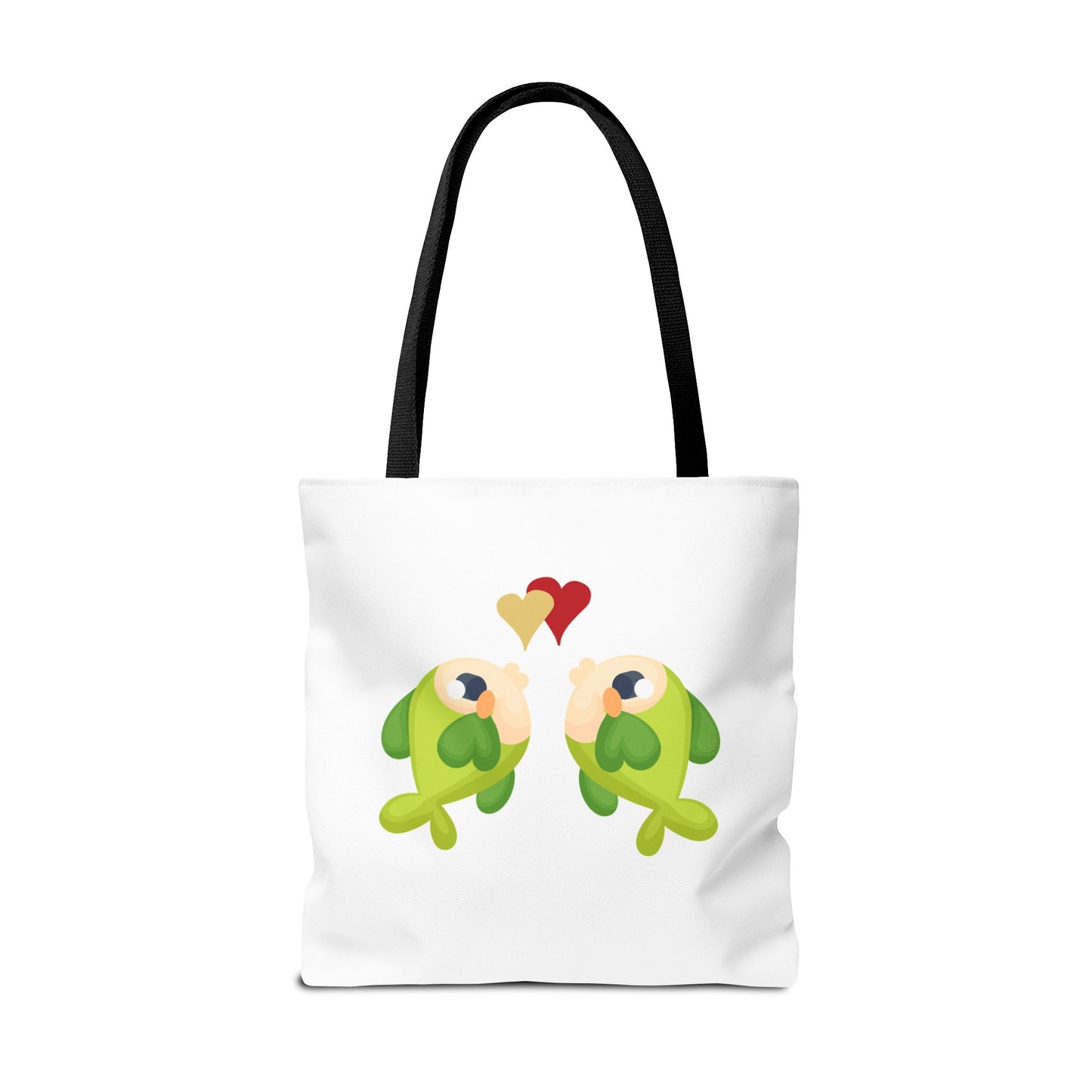 Two hearts float between the fish one red and one yellow. Tote Bag