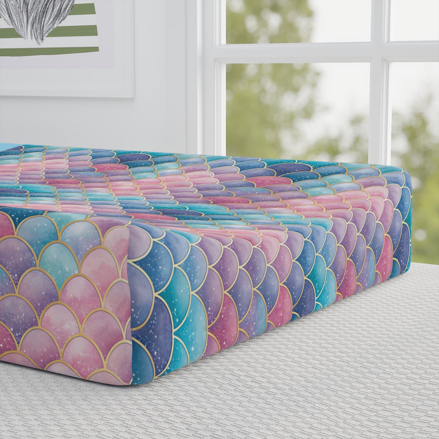 Personalized Mermaid Baby Changing Pad Cover — Pastel Scales, Name Customizable