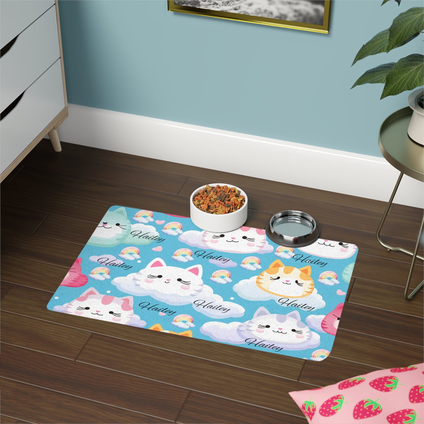 Personalized Cute Cat Pet Food Mat (12x18) – Waterproof Cat Placemat with Name Option