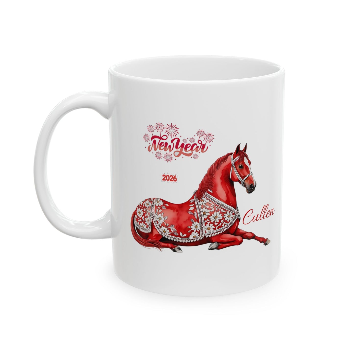 Personalized Red Horse Ceramic Mug — Floral Horse Illustration, Custom Name Option (11oz & 15oz)