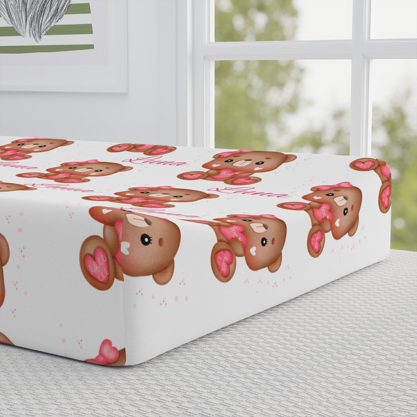 Baby Changing Pad Cover - Pink Teddy Bear Pattern, Personalized Name Option