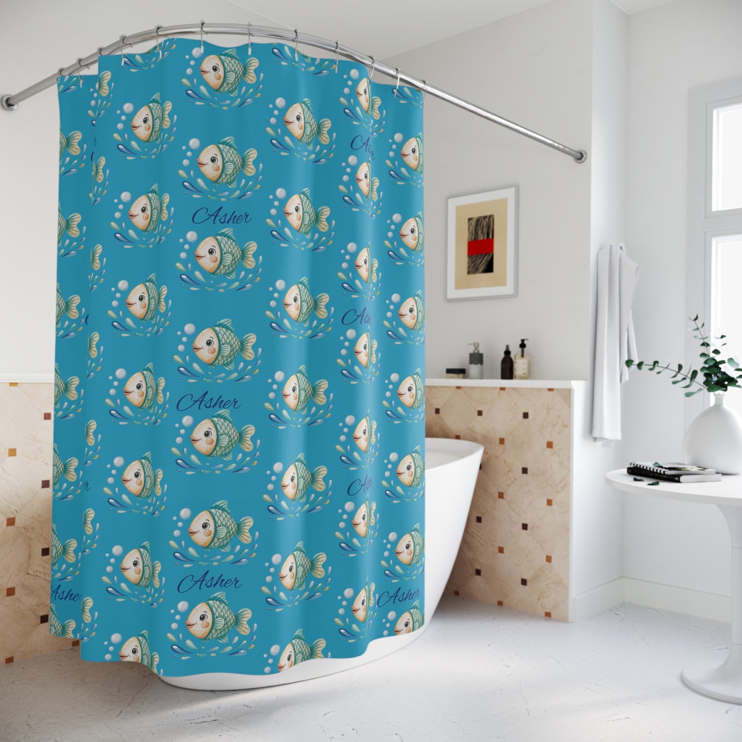 Fish Pattern Shower Curtain — Personalized "Asher" Blue Kids Bathroom Decor