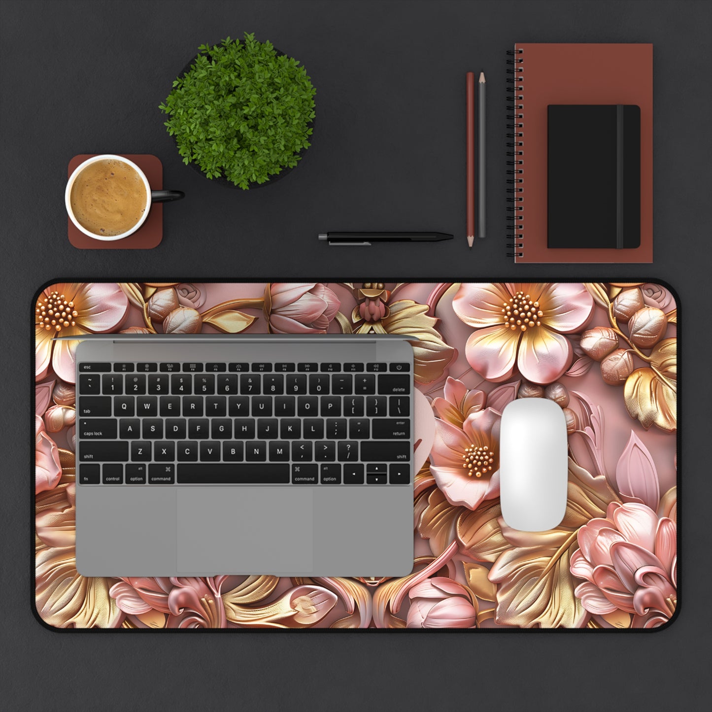 Personalized Floral Desk Mat — Rose Gold Heart Name Desk Pad