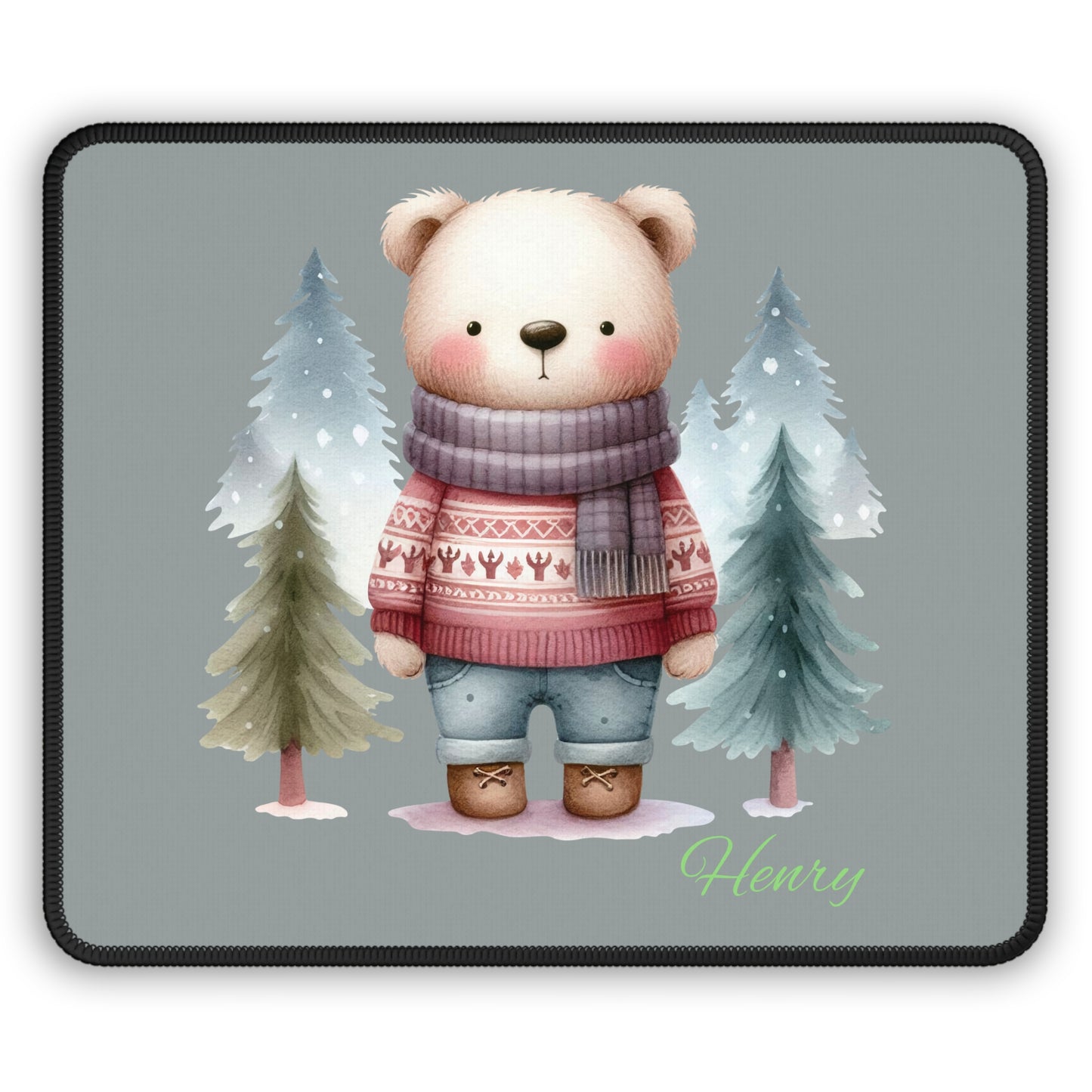 Personalized Cute Winter Bear Mouse Pad — Custom Name Gaming Desk Mat