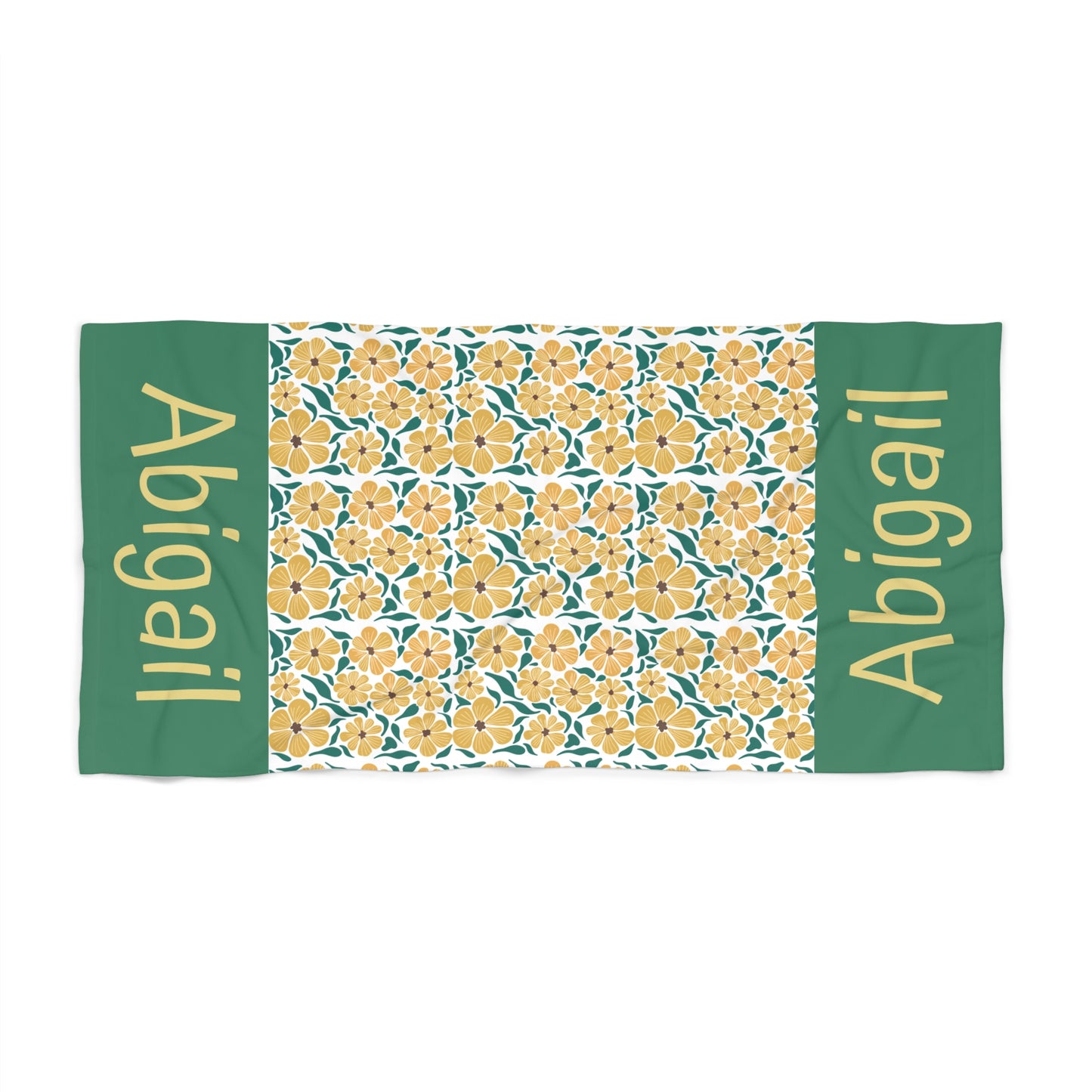 Personalized Floral Beach Towel — Custom Name Abigail, Yellow Hibiscus Pattern