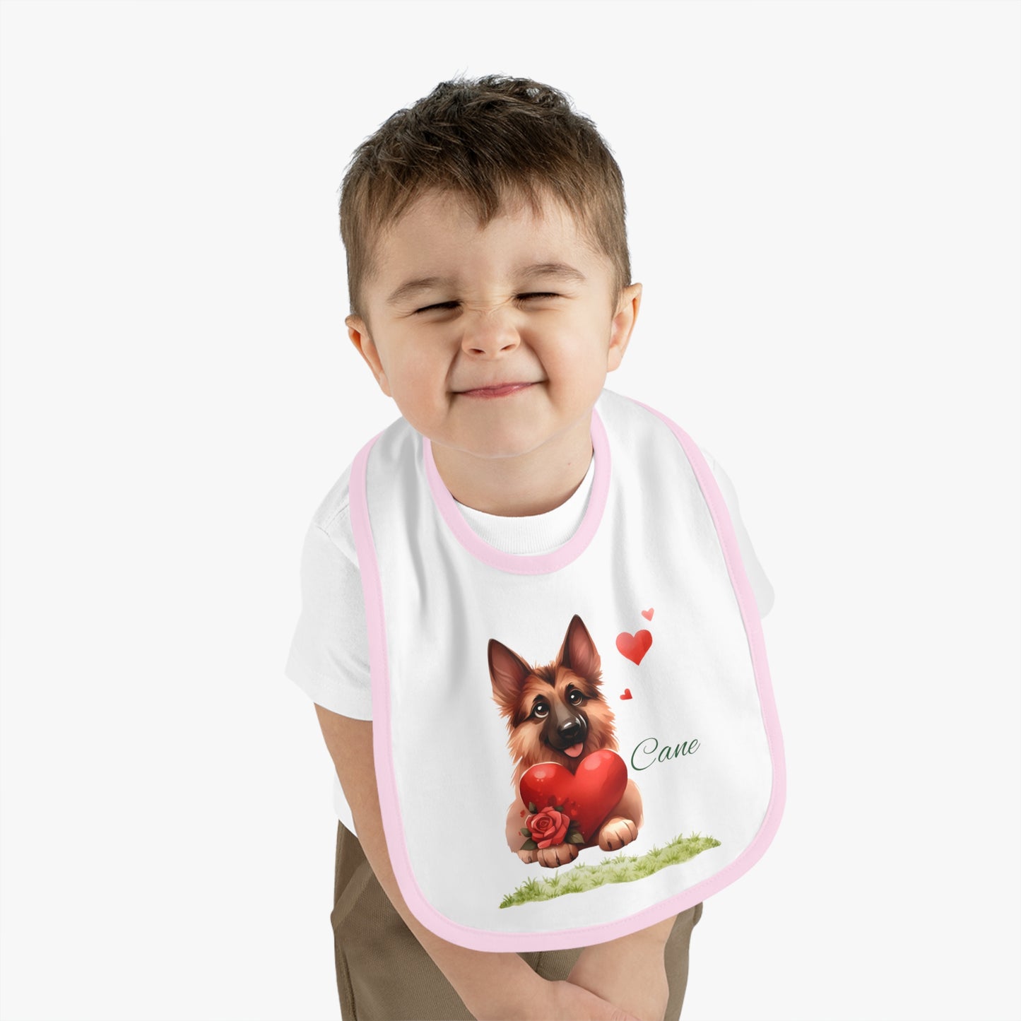 German Shepherd Baby Bib — Cute Puppy Holding Heart Valentine Infant Bib
