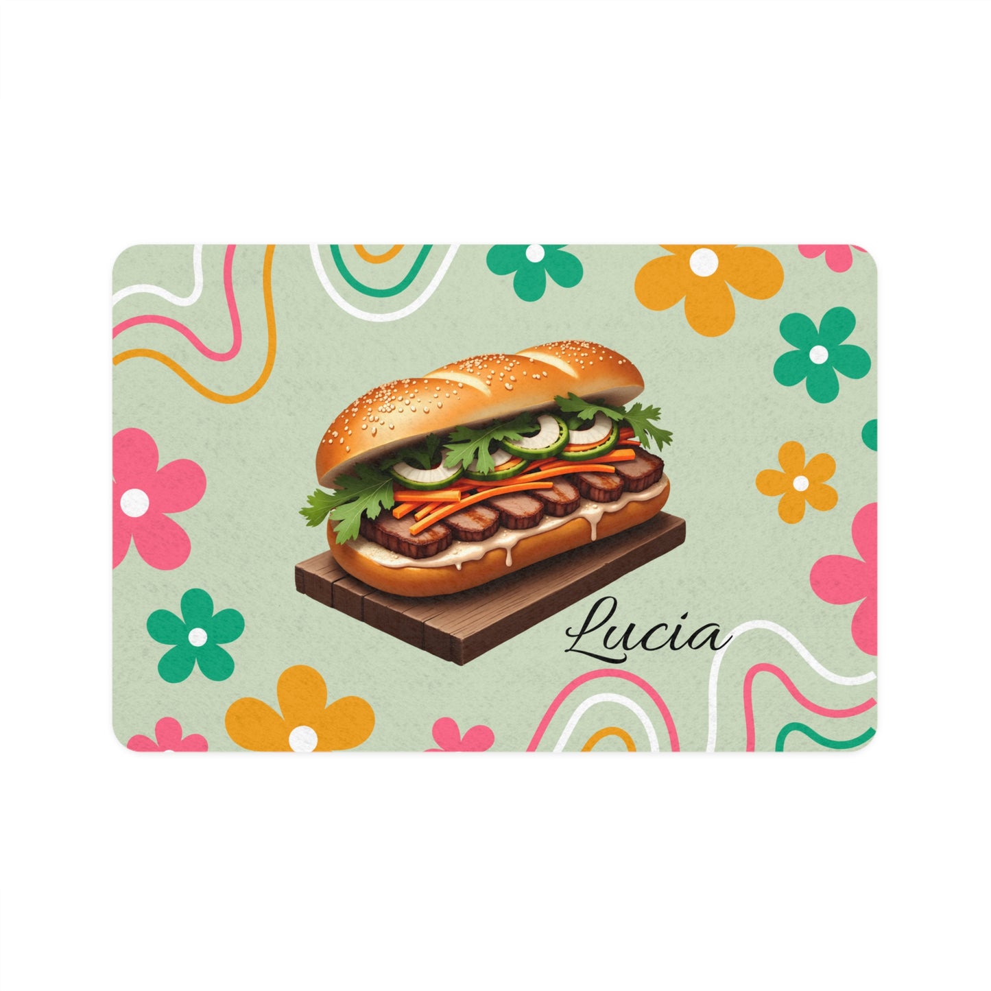 Personalized Pet Food Mat (12x18) – Retro Floral Sandwich Design with Name