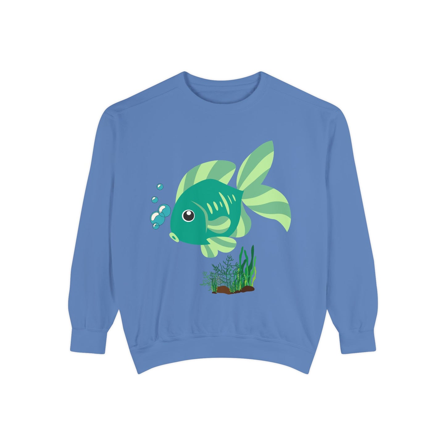 Green fish with bubbles and aquatic plants Unisex Garment-Dyed Sweatshirt