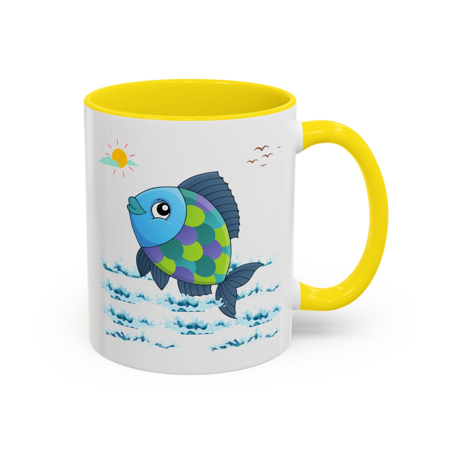 Fish with a sun and birds in the sky above water Coffee Mug