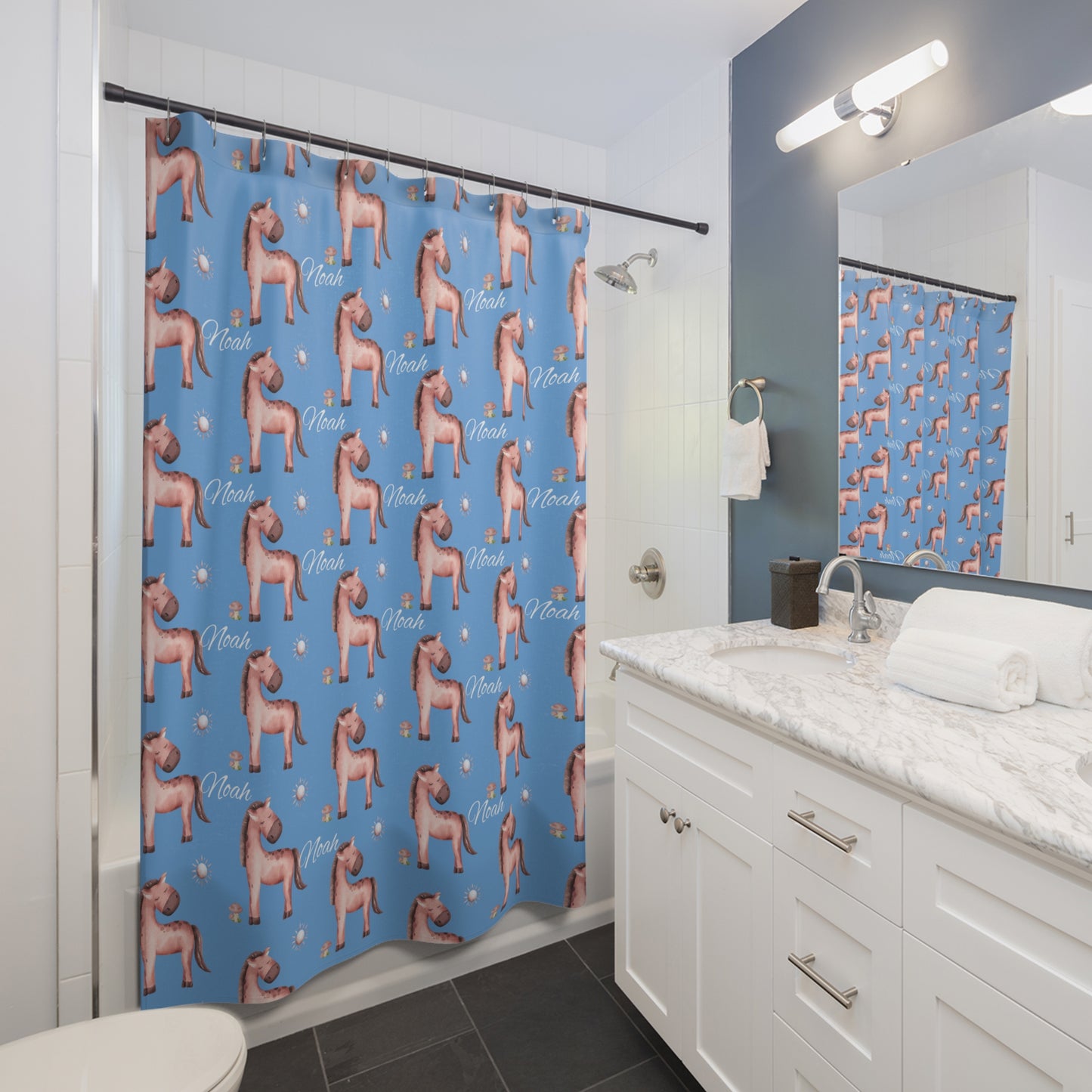 Shower Curtain — Personalized Pink Pony Pattern with Name (Noah)