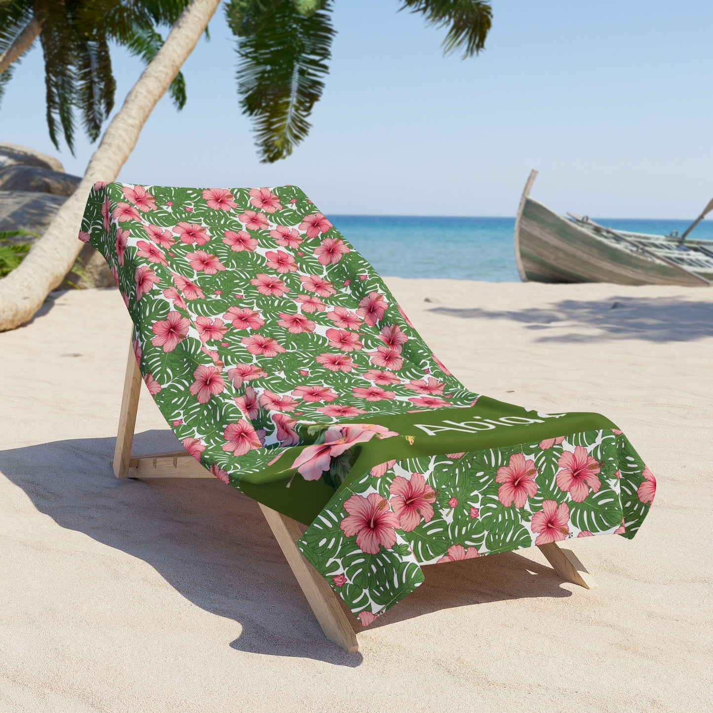 Personalized Floral Beach Towel — Tropical Hibiscus Pattern with Name (e.g., Abigail)
