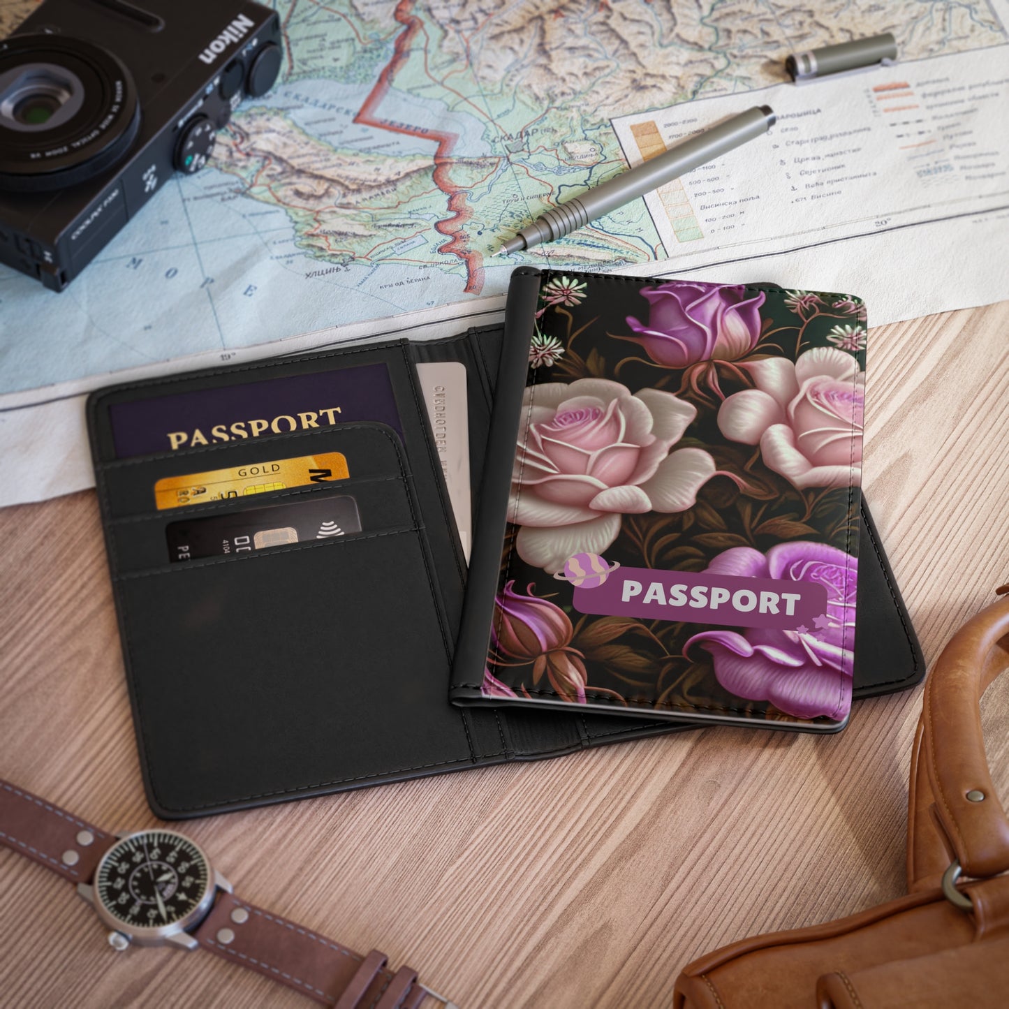 Floral Passport Cover — Purple Vintage Rose Travel Wallet