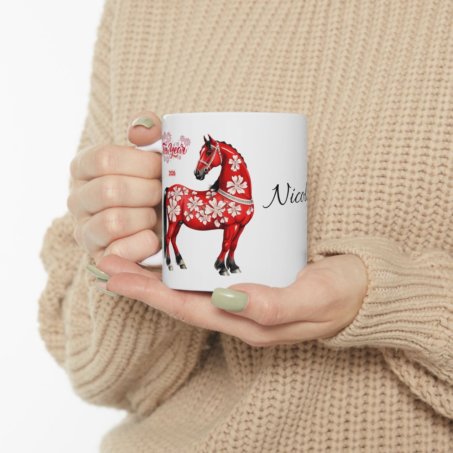 Personalized Red Floral Cow Mug — Custom Name Ceramic Coffee Cup (11oz/15oz)