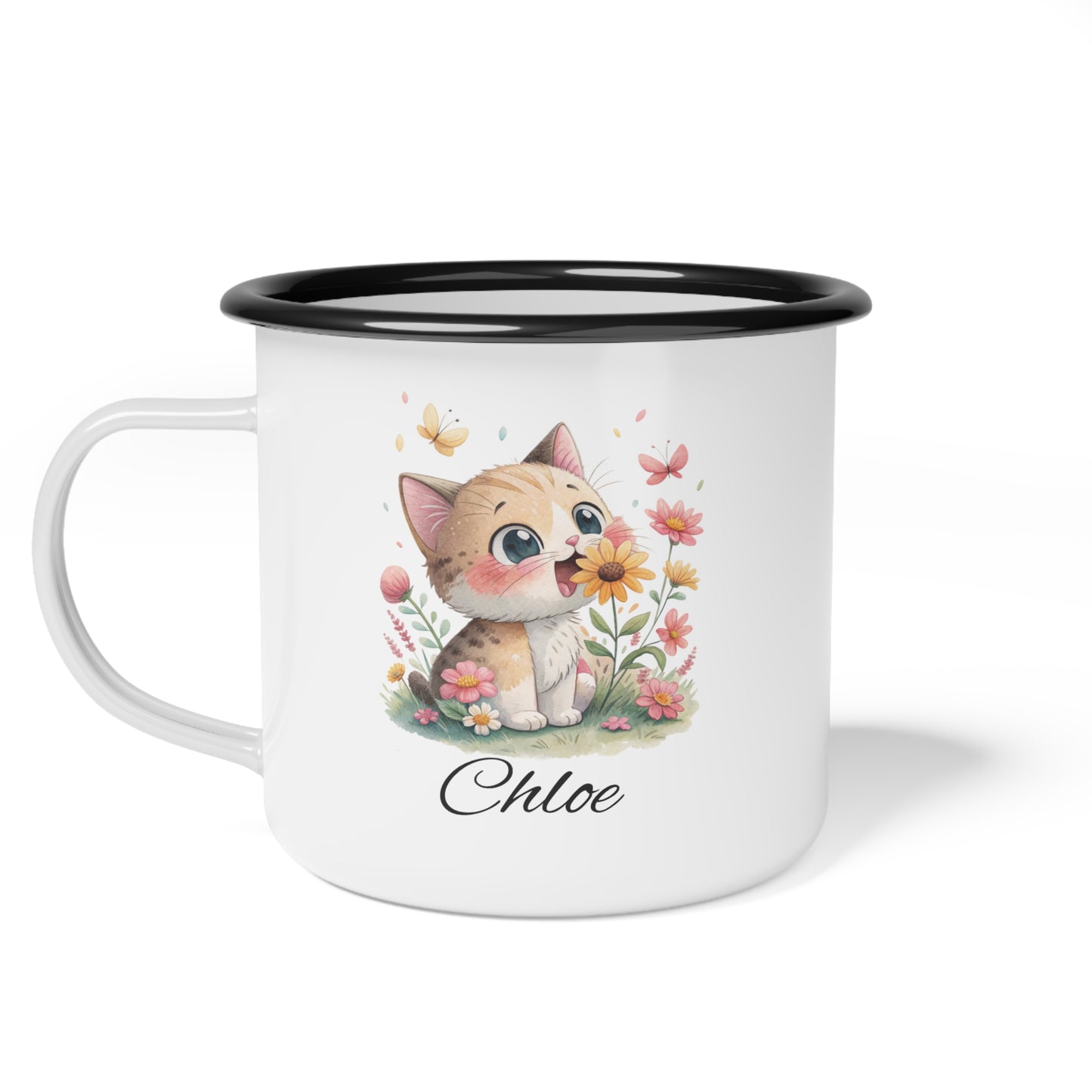 Personalized Floral Cat Enamel Camp Cup