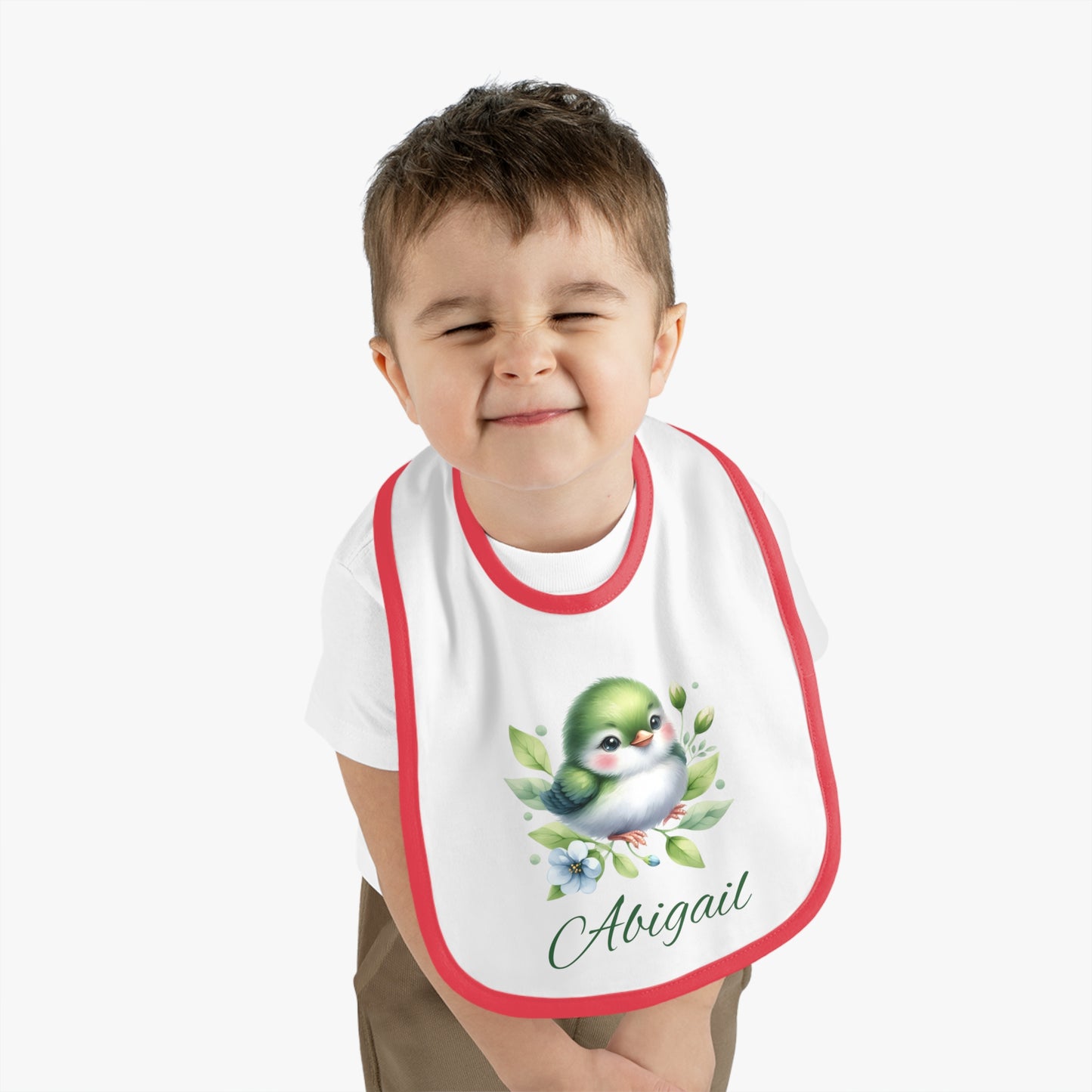 Personalized Baby Bib — Green Watercolor Bird with Name