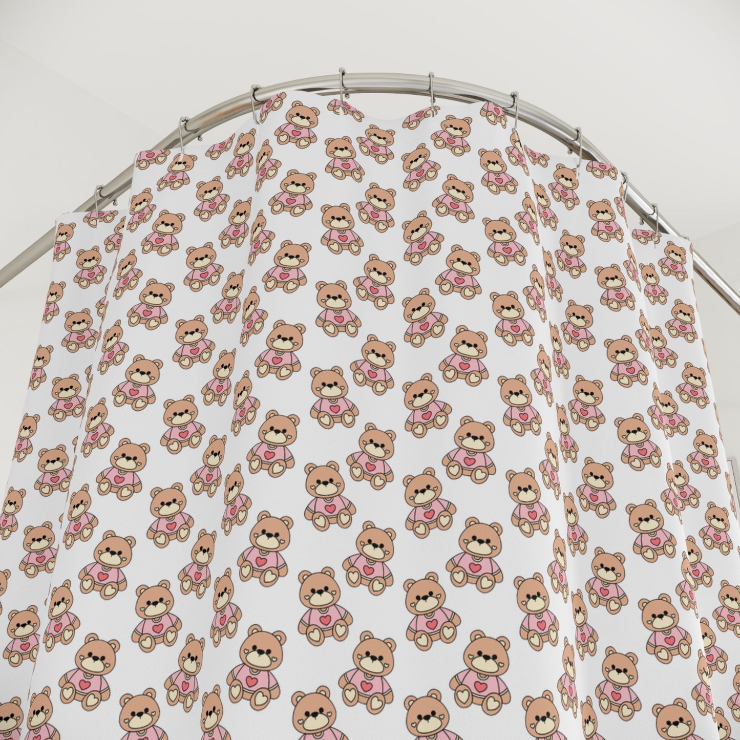 Cute Pink Teddy Bear Pattern Shower Curtain — Playful Nursery Bathroom Décor