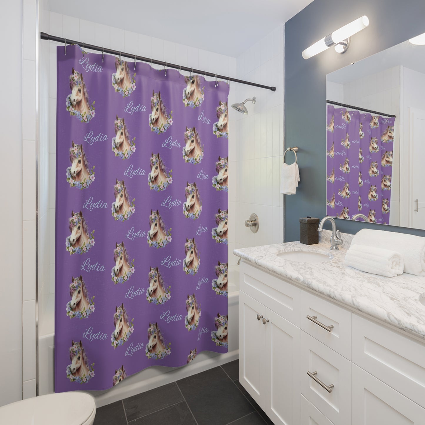 Personalized Purple Unicorn Shower Curtain — Custom Name "Lydia" Floral Horse Bath Decor