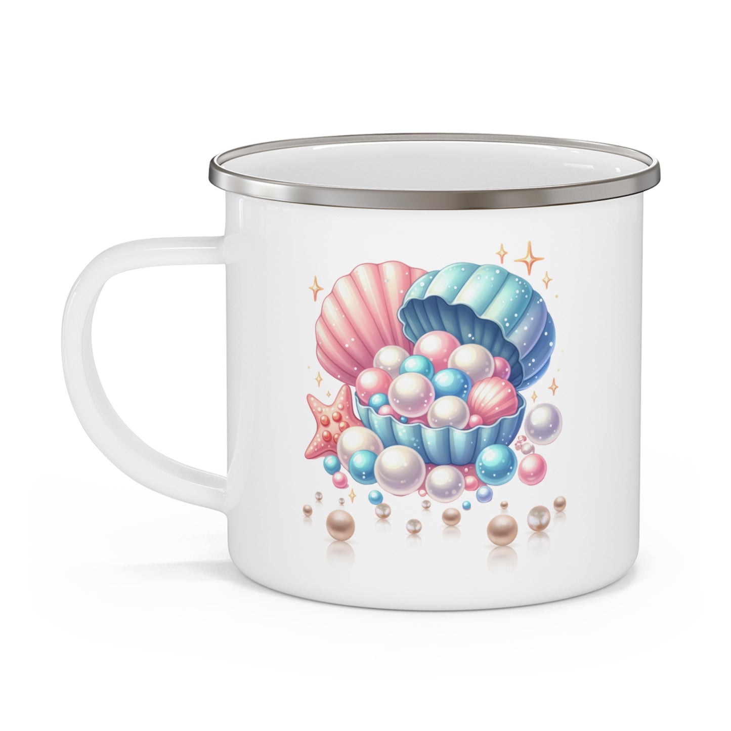 Coastal Charm Enamel Camping Mug - Seashells & Pearls Design