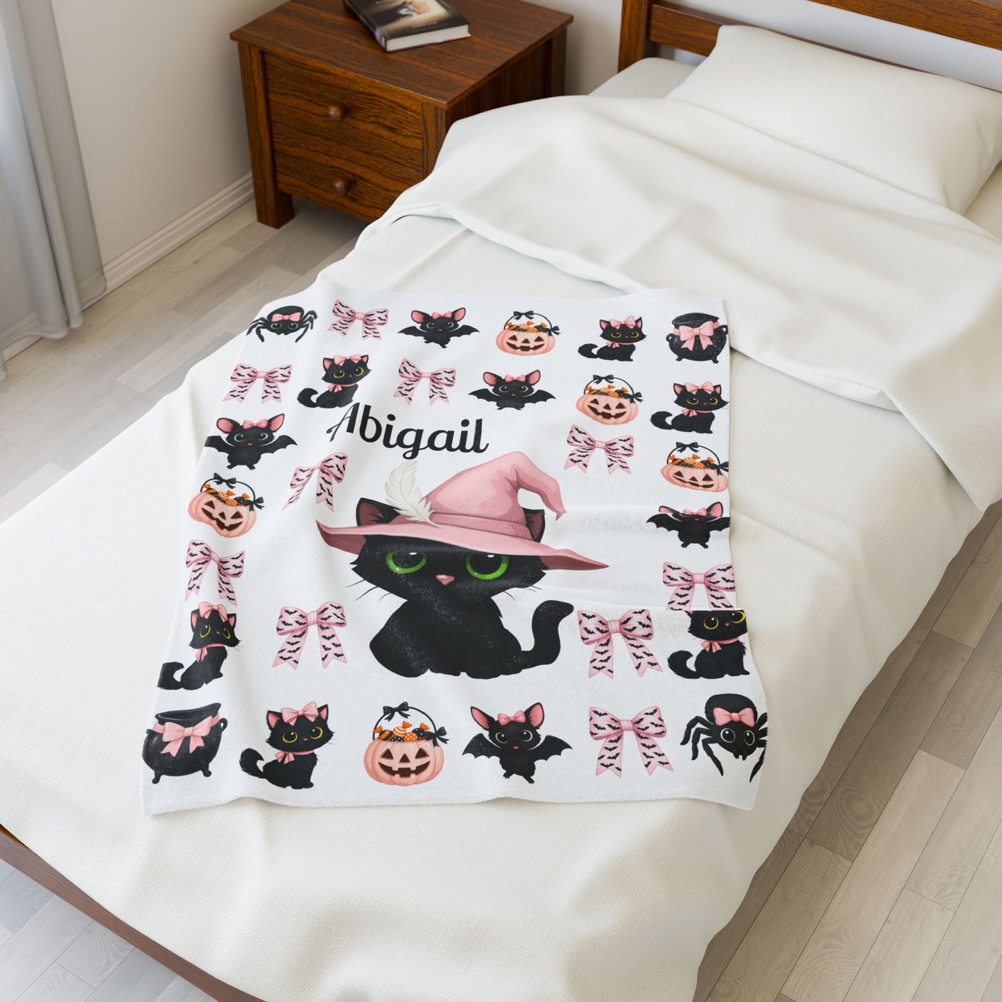 Personalized Halloween Plush Blanket, Custom Cat Blanket, Cozy Throw for Kids, Spooky Decor, Cute Gifts