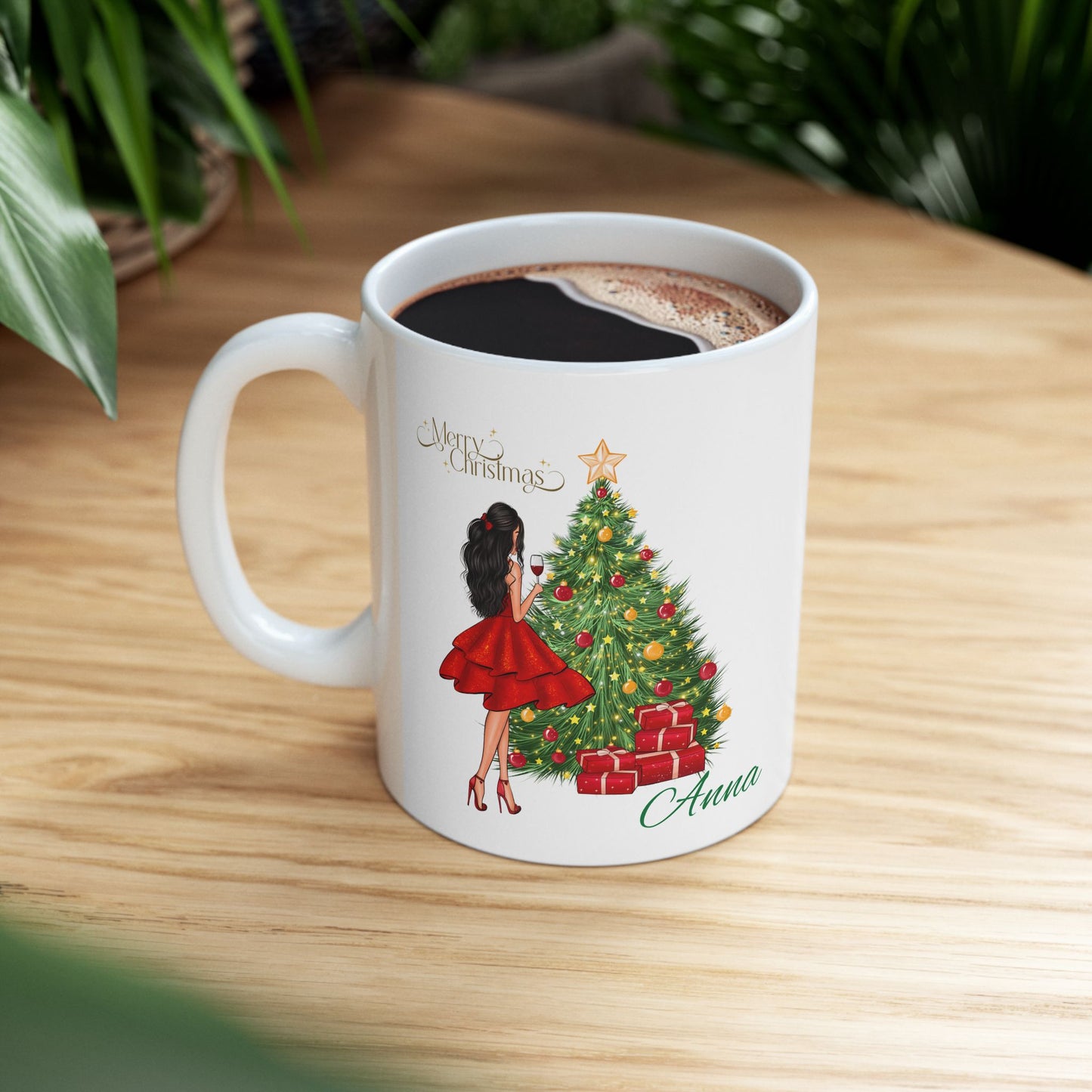 Personalized Christmas Mug – Festive Tree & Girl Illustration (11oz/15oz)