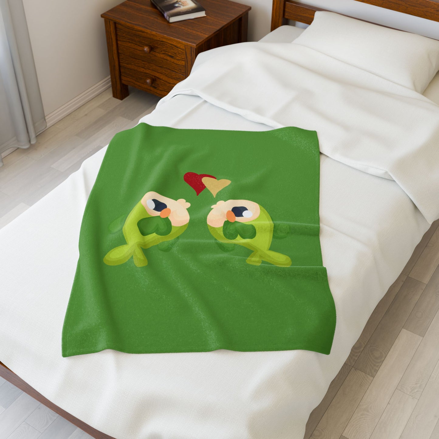 Two hearts float between the fish one red and one yellow Velveteen Plush Blanket