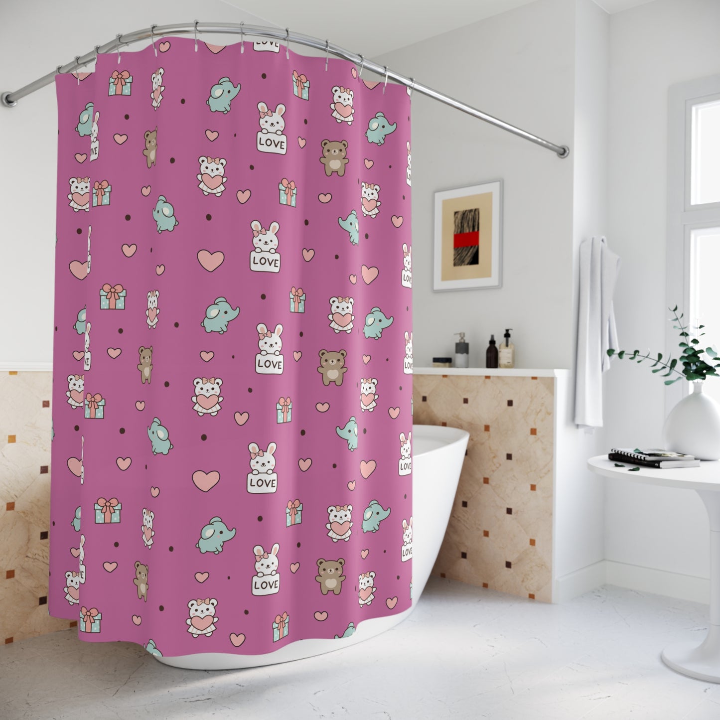 Cute Animal Pattern Shower Curtain — Pink Hearts, Gifts & 'Love' Bunny Design