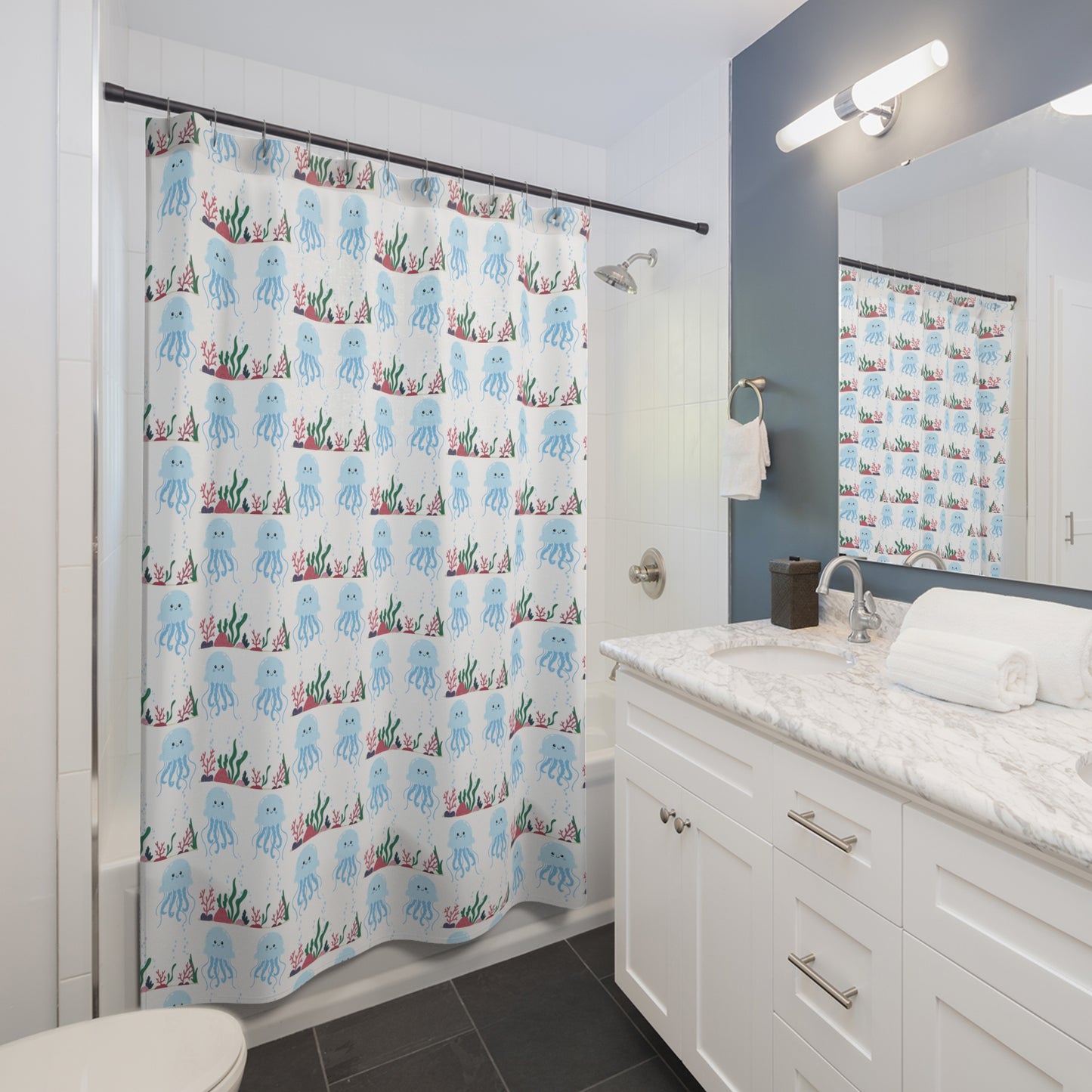 Cute Blue Jellyfish Shower Curtain — Kids Bathroom Ocean Theme with Seaweed Pattern