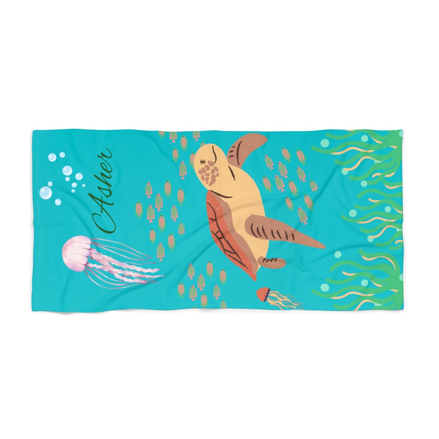 Sea Turtle Personalized Beach Towel — Custom Name Jellyfish Ocean Design
