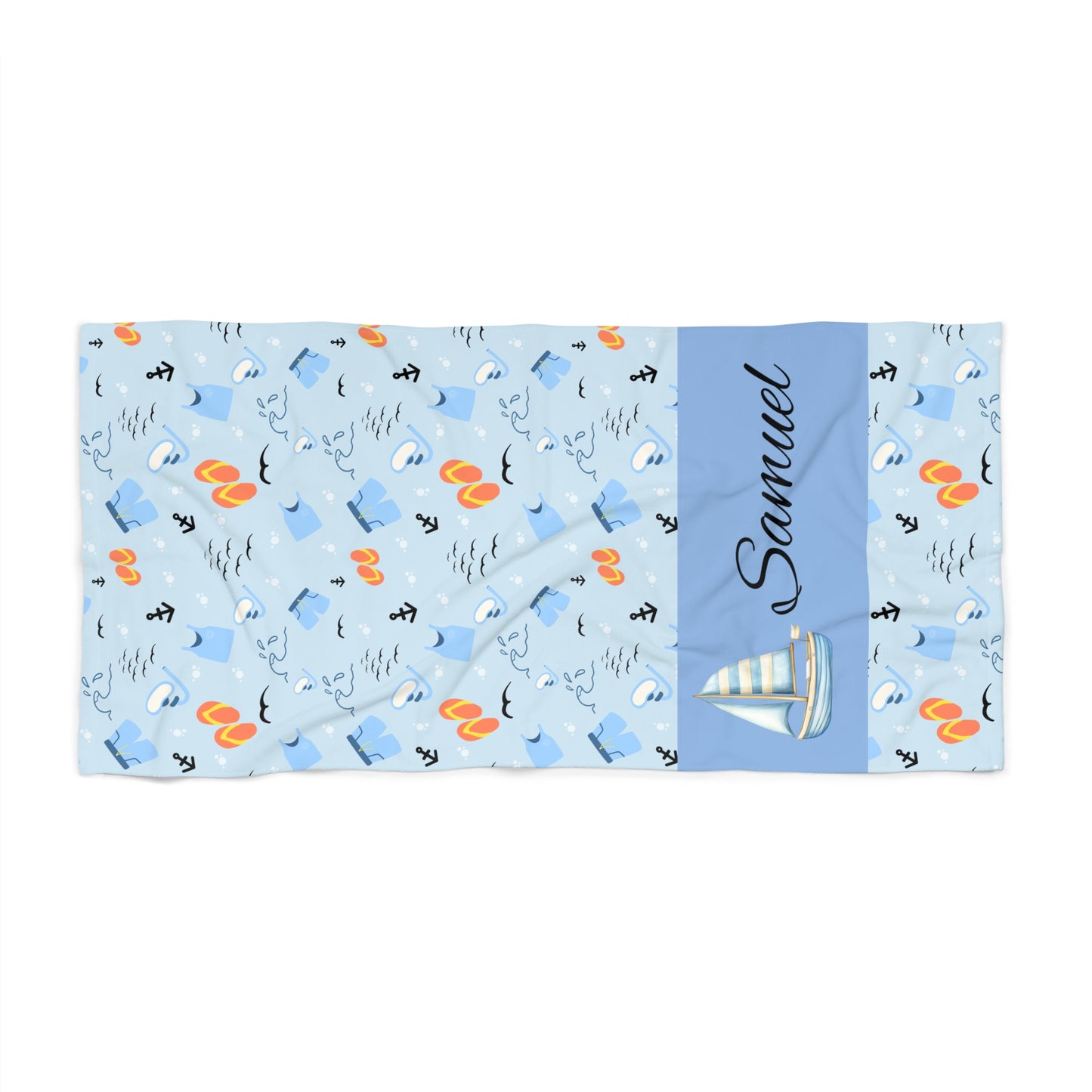 Personalized Nautical Beach Towel — Blue Sailboat Pattern with Name