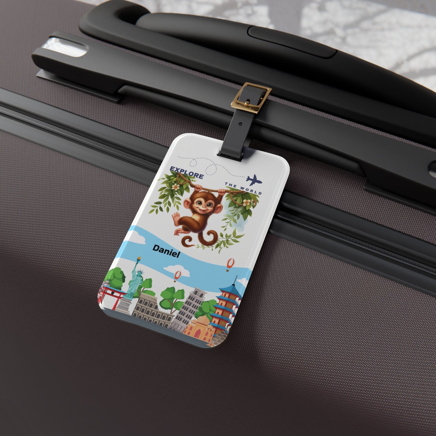 Monkey Travel Luggage Tag — "Explore the World" Personalized Kids Bag ID