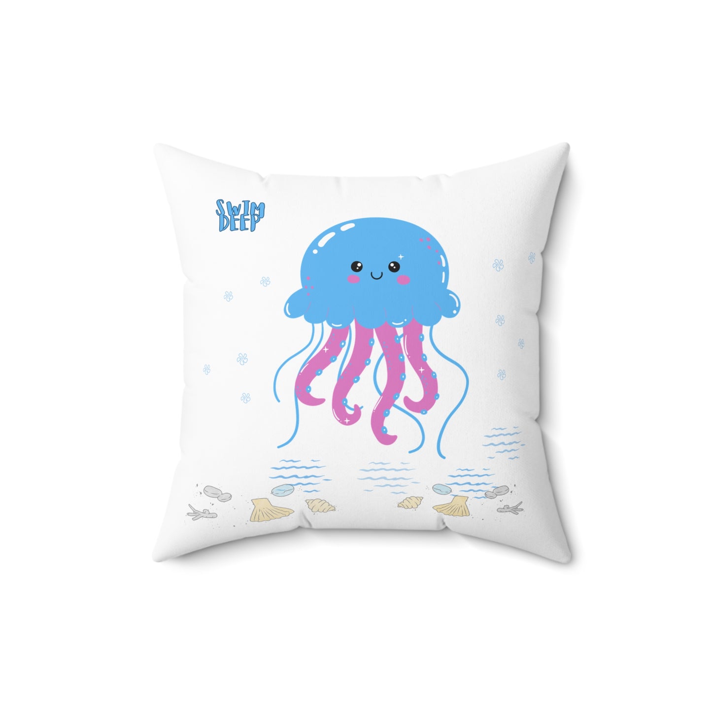 Blue jellyfish with pink tentacles Spun Polyester Square Pillow