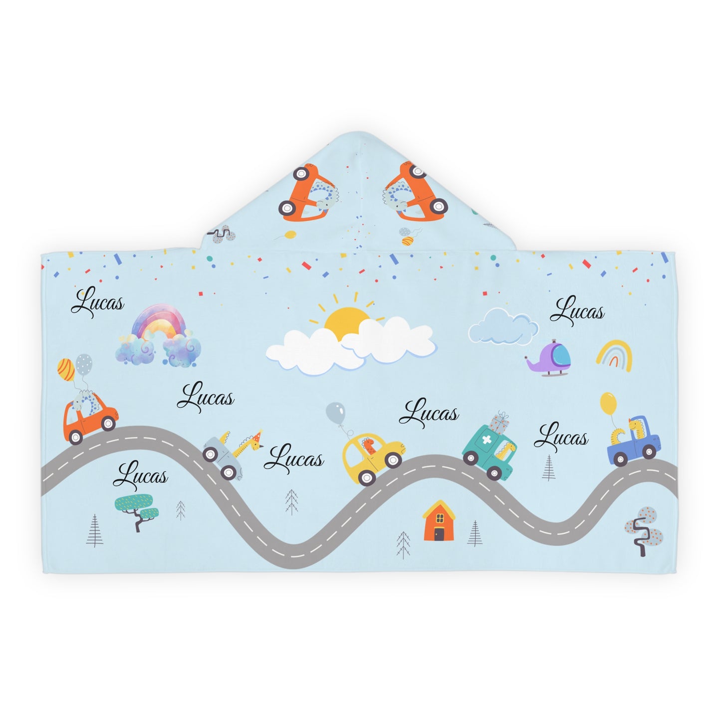Personalized Kids Hooded Towel - Road Trip Cars Design (Custom Name)