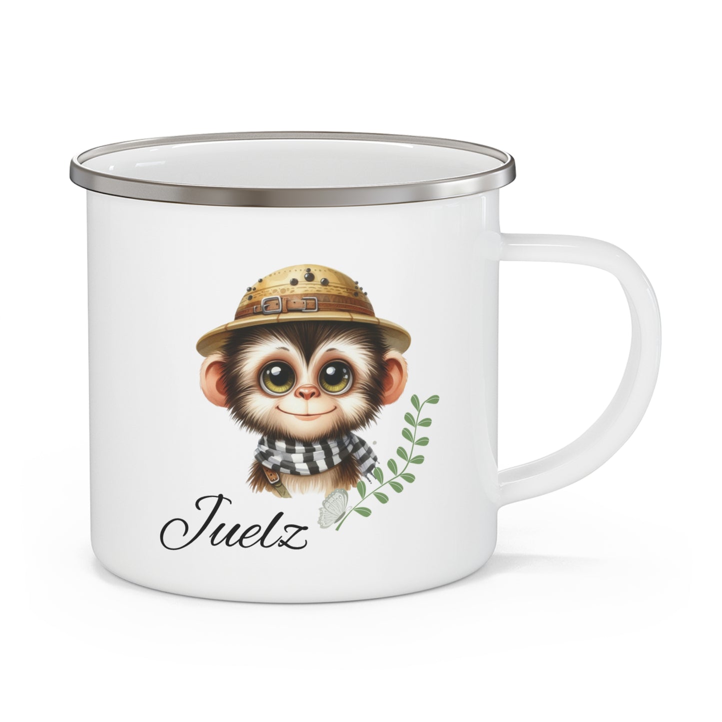 Enamel Mug — Cute Baby Monkey Camping Design with 'Juelz' Name