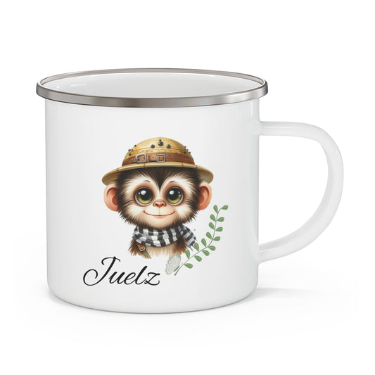 Enamel Mug — Cute Baby Monkey Camping Design with 'Juelz' Name