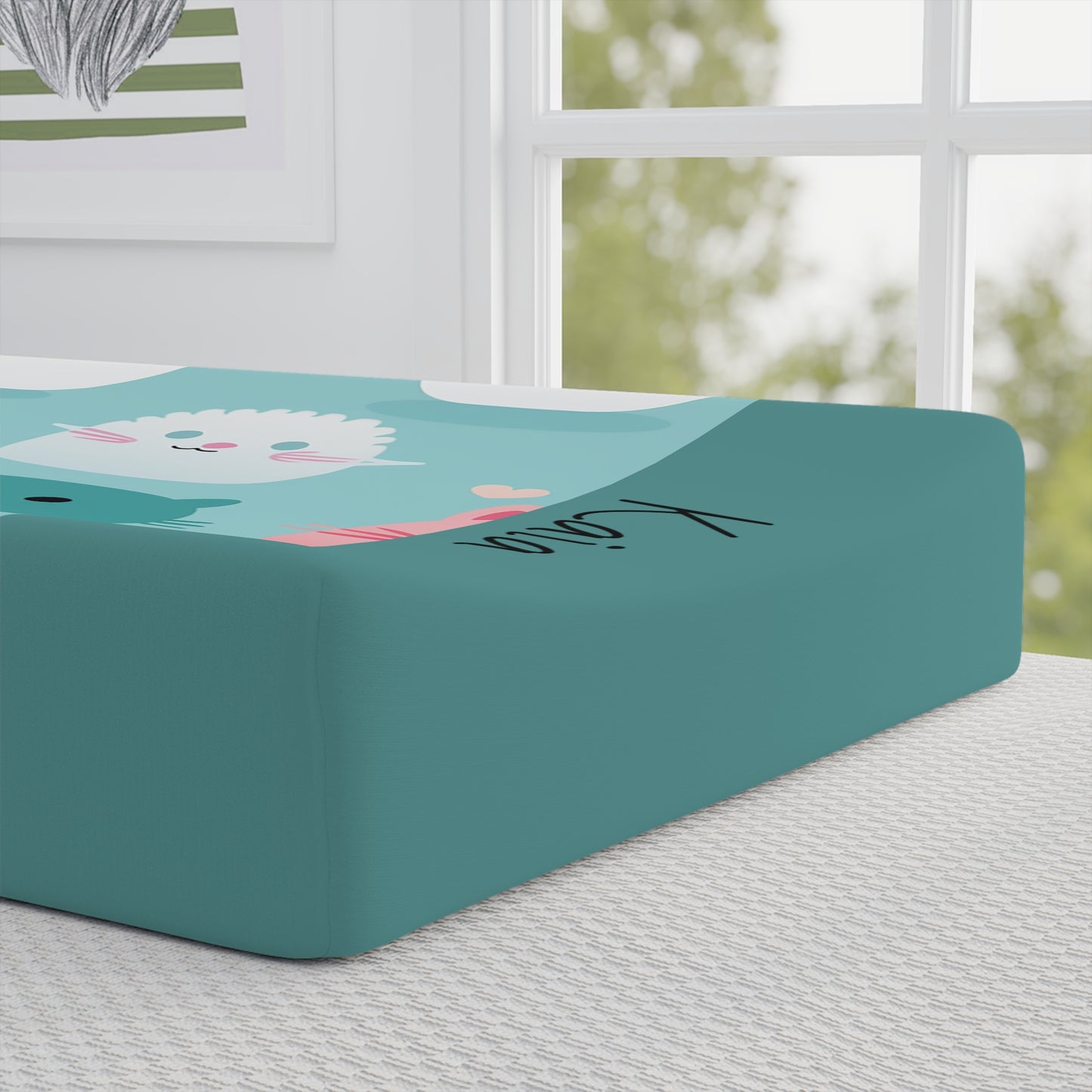 Personalized Cute Kitty Baby Changing Pad Cover — Teal Cat Print, Custom Name Option