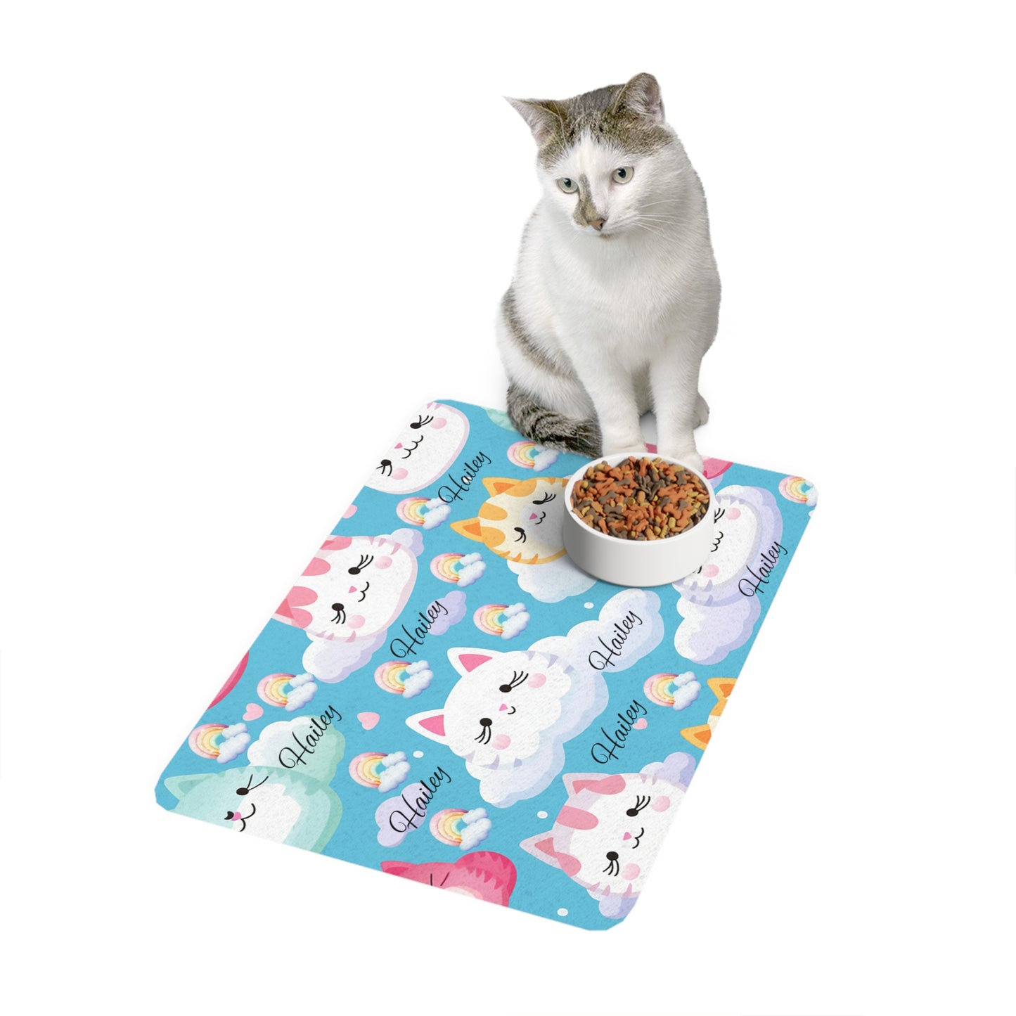 Personalized Cute Cat Pet Food Mat (12x18) – Waterproof Cat Placemat with Name Option