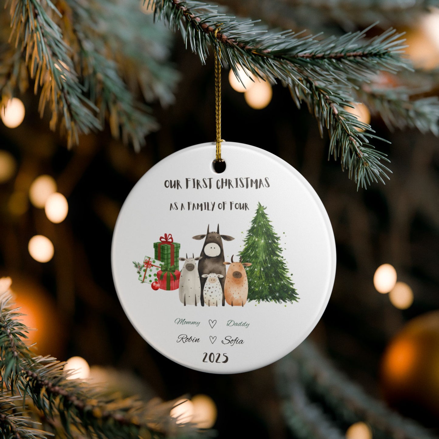 Family Christmas Ornament, Personalized Holiday Decor, First Christmas as Family of Four, Custom Tree Decoration, 2025 Keepsake