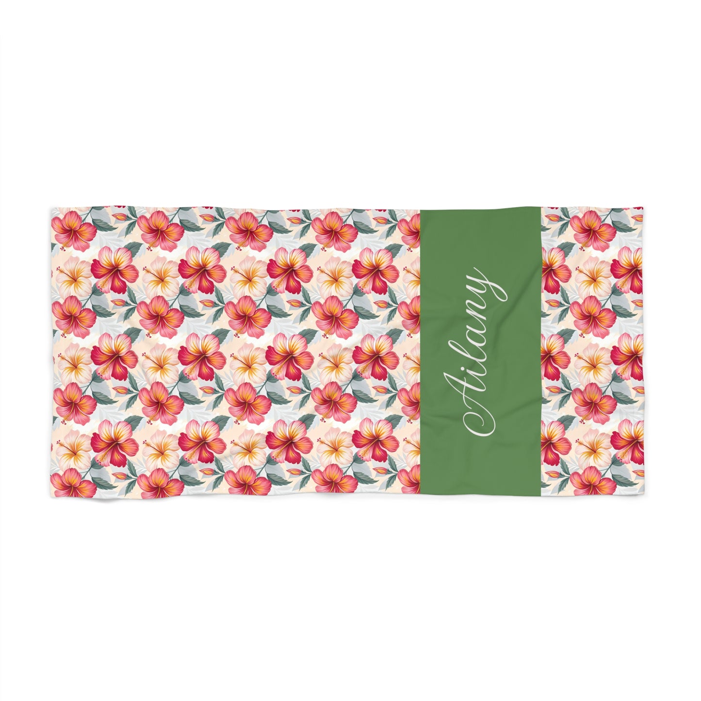 Personalized Floral Beach Towel — Tropical Hibiscus Print with Name Strip